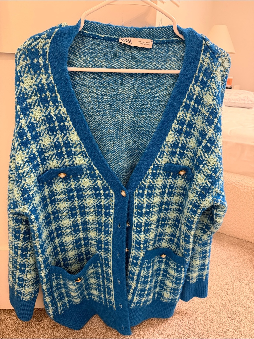 Zara Blue and Light Blue Patterned V-Neck Cardigan